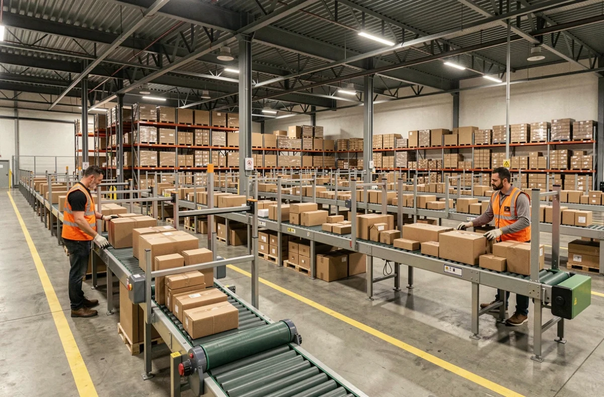 Centre de tri logistique avec tapis roulants et colis en transit dans un entrepôt industriel moderne