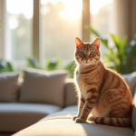 Chat beige assis sur un canapé moderne dans un salon lumineux