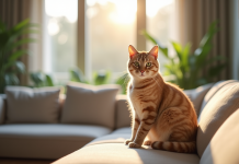 Chat beige assis sur un canapé moderne dans un salon lumineux