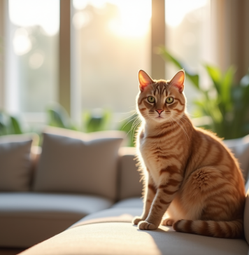 Chat beige assis sur un canapé moderne dans un salon lumineux