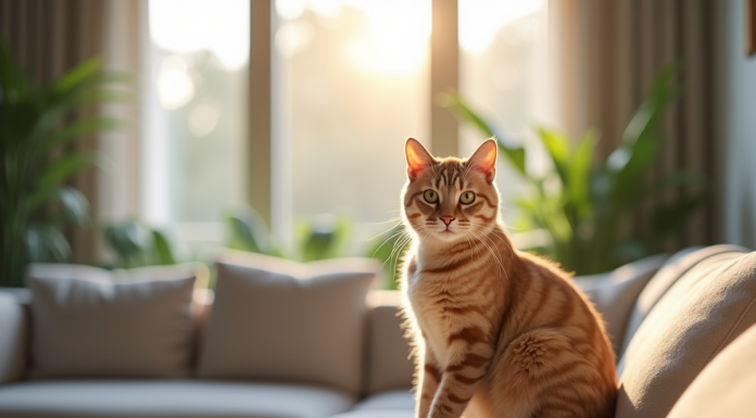 Chat beige assis sur un canapé moderne dans un salon lumineux