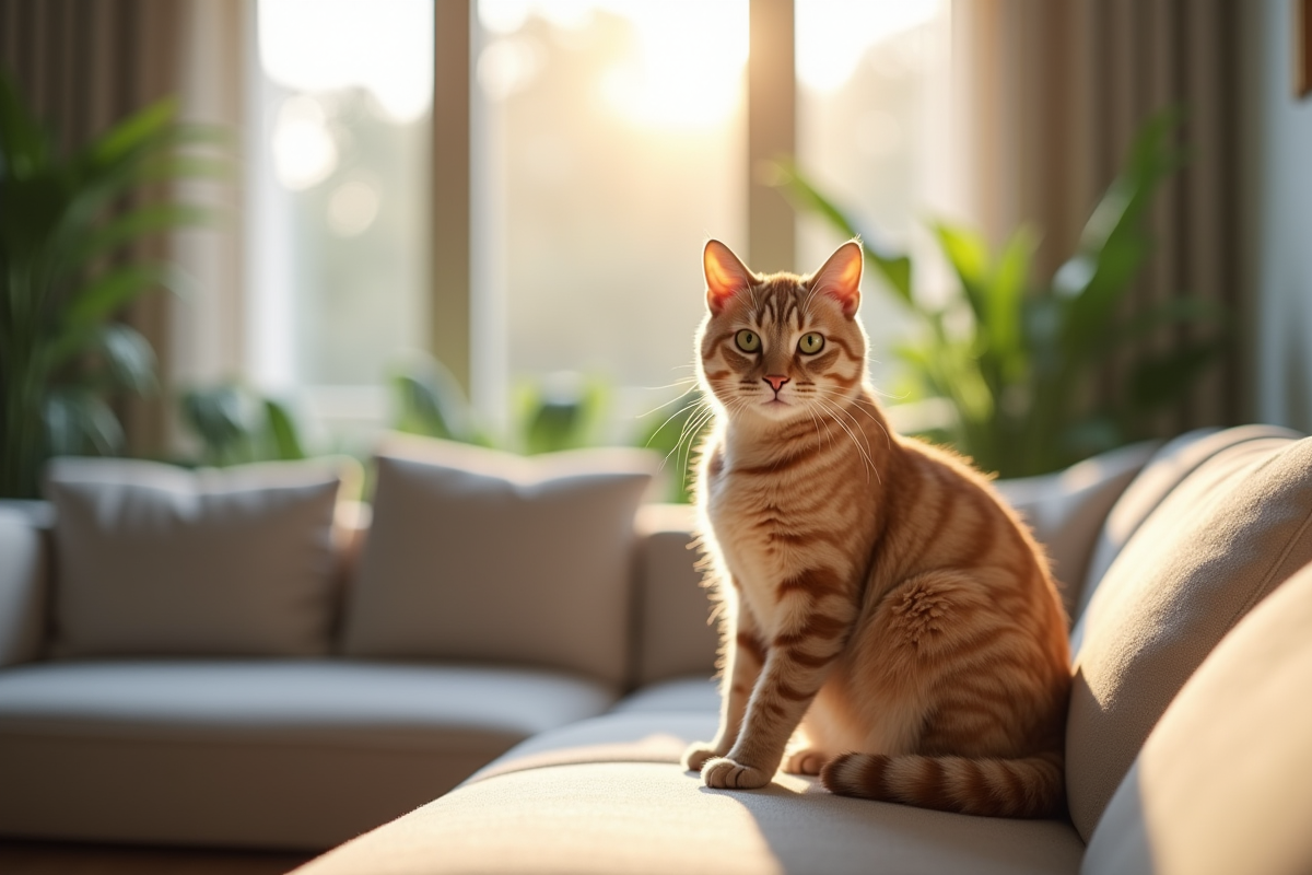 Chat beige assis sur un canapé moderne dans un salon lumineux