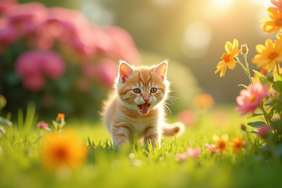Chaton beige jouant dans un jardin ensoleille avec des fleurs colorées