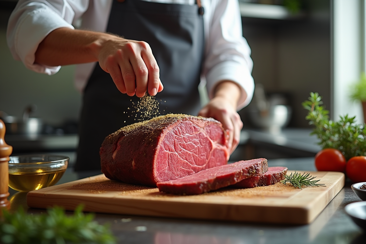 Chef assaisonnant un rôti de boeuf dans une cuisine professionnelle