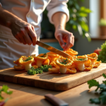 Chef préparant des faux chantarelles fraîches sur une planche en bois