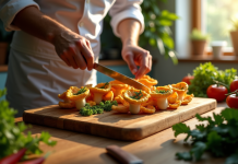 Chef préparant des faux chantarelles fraîches sur une planche en bois