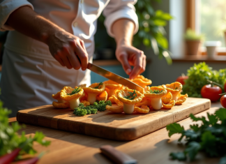 Chef préparant des faux chantarelles fraîches sur une planche en bois