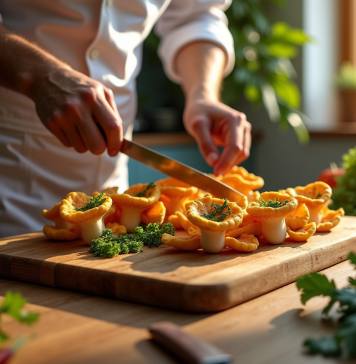 Chef préparant des faux chantarelles fraîches sur une planche en bois