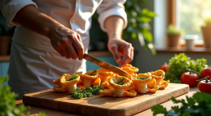 Chef préparant des faux chantarelles fraîches sur une planche en bois