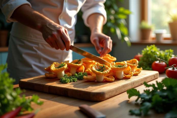 chef-faux-chantarelle-fraises Chef préparant des faux chantarelles fraîches sur une planche en bois