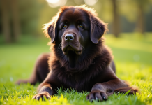 Chien Newfoundland assis dans la nature ensoleillée