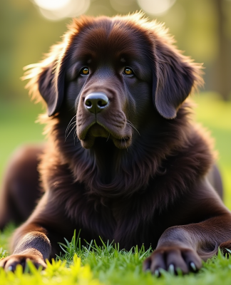Chien Newfoundland assis dans la nature ensoleillée