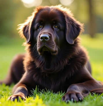 Chien Newfoundland assis dans la nature ensoleillée