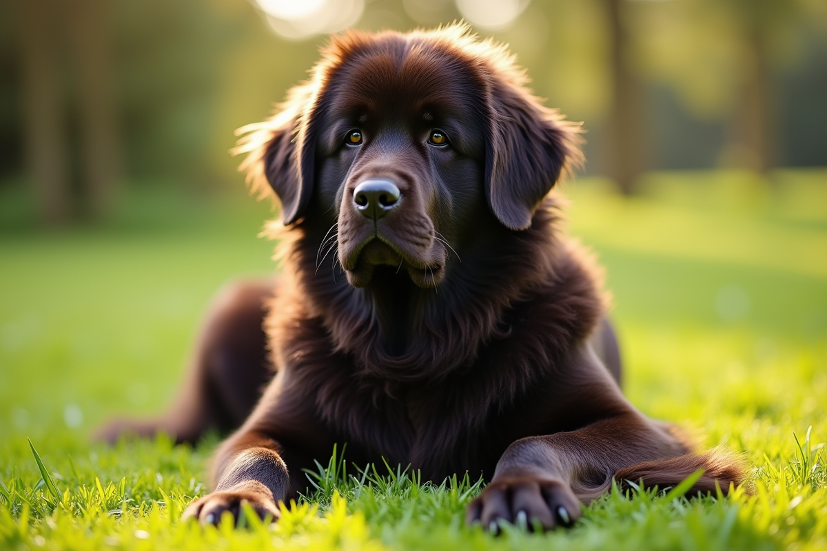 Chien Newfoundland assis dans la nature ensoleillée