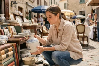 Chineuse débutante inspectant un vase ancien dans un vide grenier en Yvelines