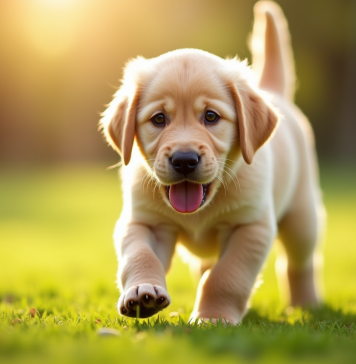 Jeune chiot labrador longhaire jouant dans un jardin ensoleille