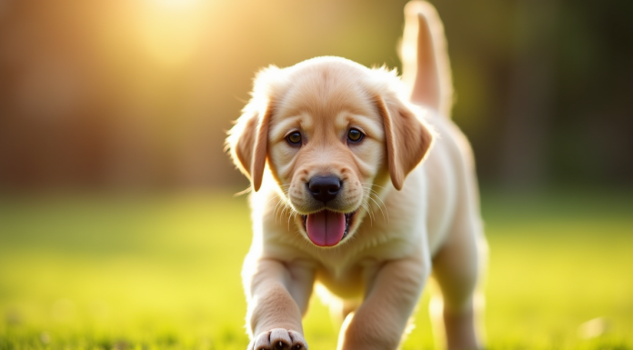 Jeune chiot labrador longhaire jouant dans un jardin ensoleille