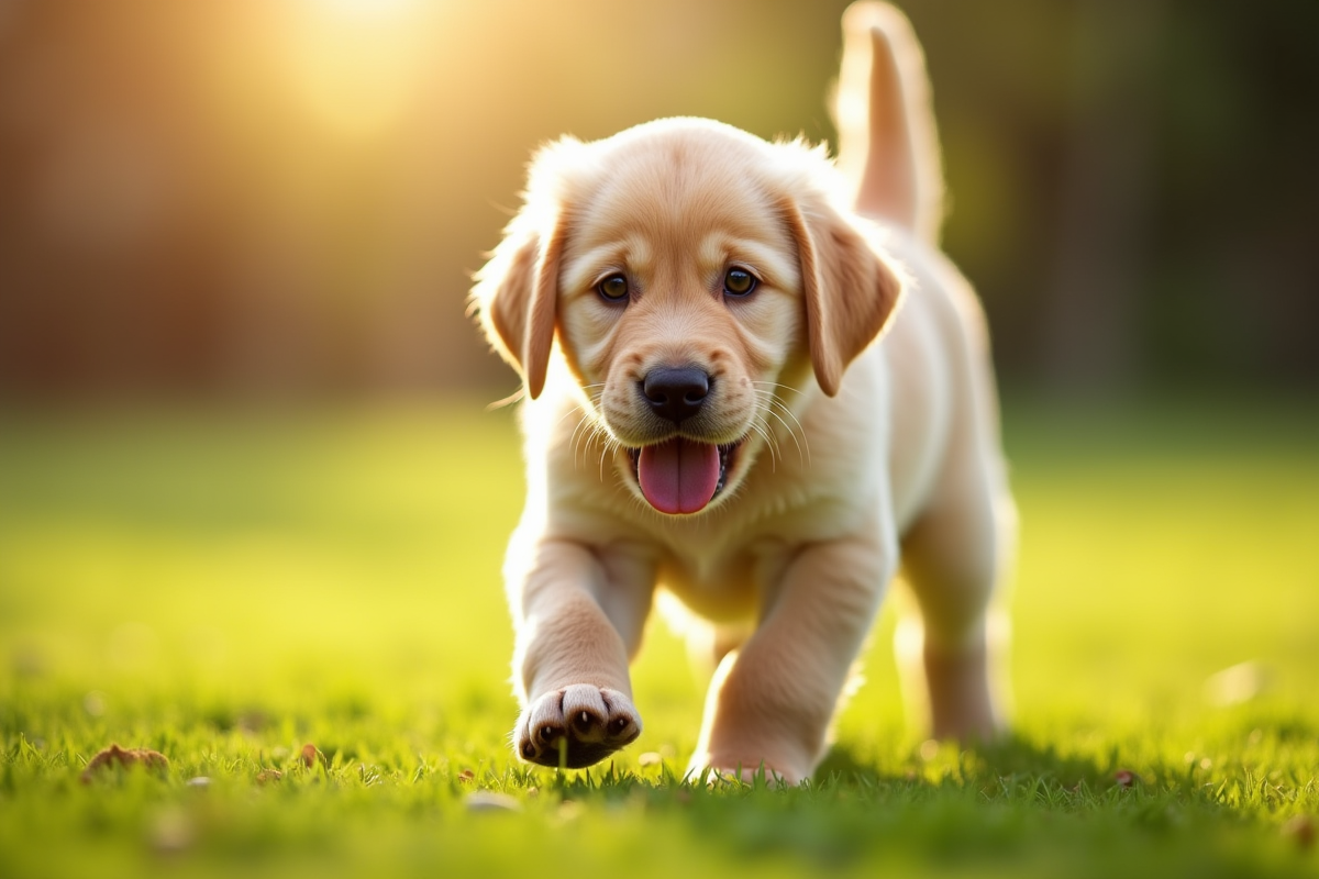 Jeune chiot labrador longhaire jouant dans un jardin ensoleille