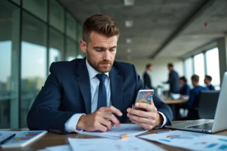 Homme d'affaires consultant une application de jeu de plateau stratégique sur smartphone dans un bureau moderne en 2026