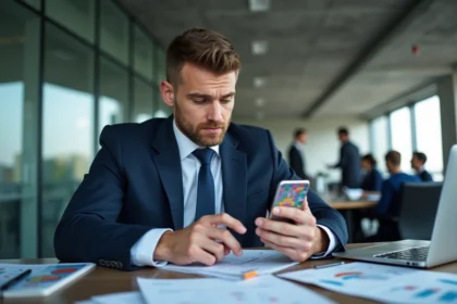 Homme d'affaires consultant une application de jeu de plateau stratégique sur smartphone dans un bureau moderne en 2026