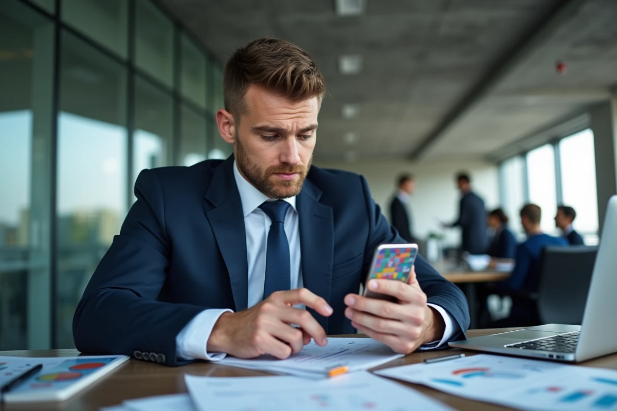 Homme d'affaires consultant une application de jeu de plateau stratégique sur smartphone dans un bureau moderne en 2026