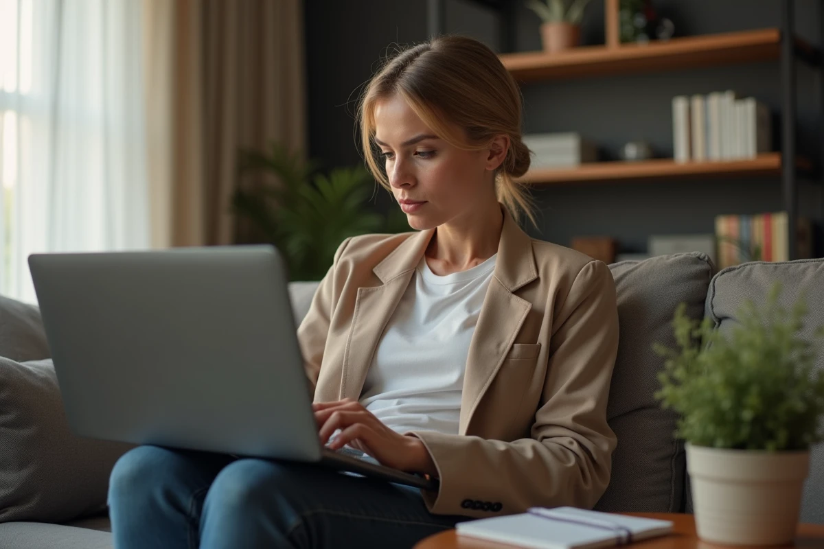 Femme adulte consultant les rumeurs et actualités du Club des magnats sur ordinateur portable dans un appartement moderne