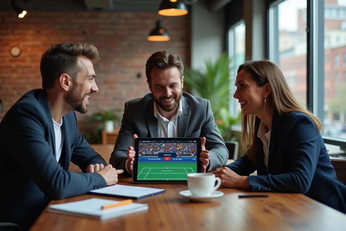 Groupe de joueurs adultes analysant les classements du Club des magnats sur une tablette dans un espace de coworking