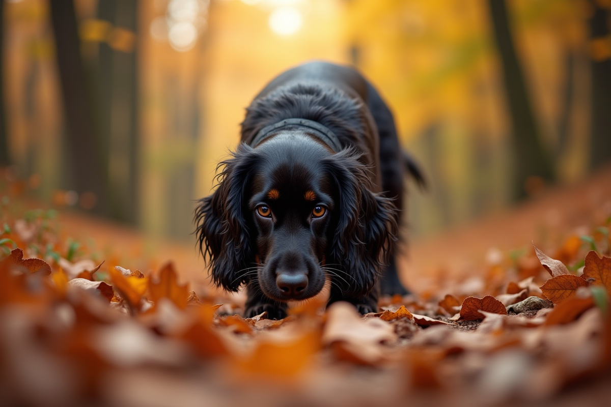 Cocker spaniel noir explorant un sentier automnal