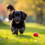 Cocker spaniel noir attrapant une balle rouge dans un parc