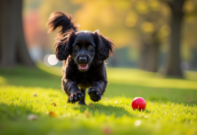 Cocker spaniel noir attrapant une balle rouge dans un parc