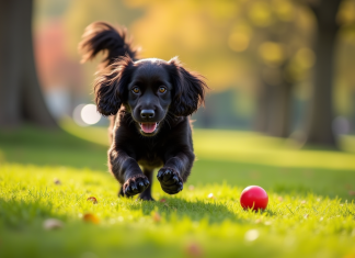 Cocker noir : 5 idĂ©es d’activitĂ©s pour le stimuler Cocker spaniel noir attrapant une balle rouge dans un parc