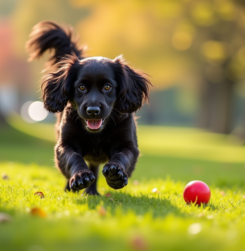 Cocker spaniel noir attrapant une balle rouge dans un parc