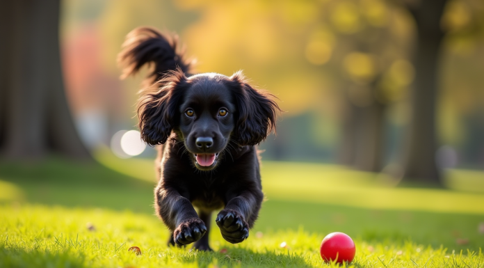 Cocker spaniel noir attrapant une balle rouge dans un parc