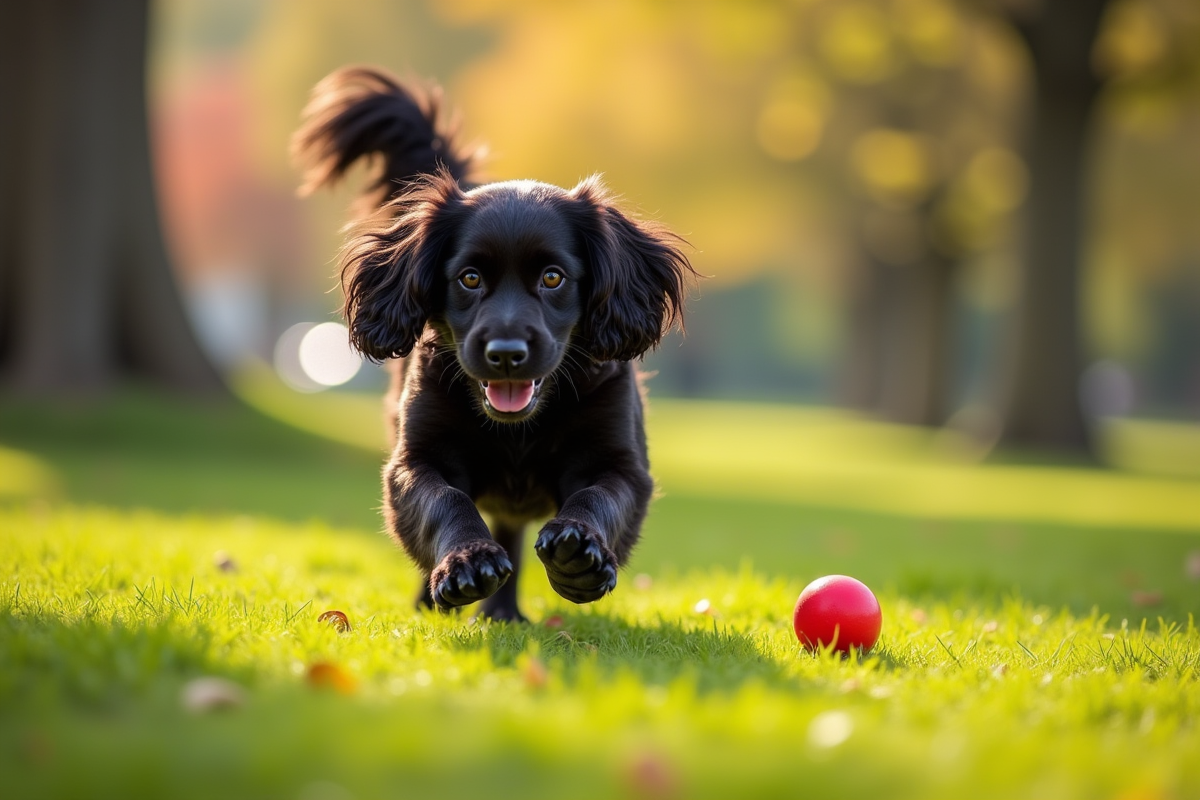 Cocker spaniel noir attrapant une balle rouge dans un parc
