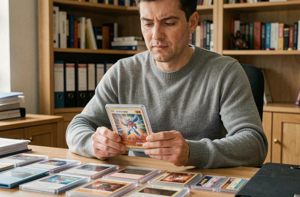 Collectionneur adulte tenant une carte Pokémon Celebi Star gradée dans un étui acrylique rigide à son bureau