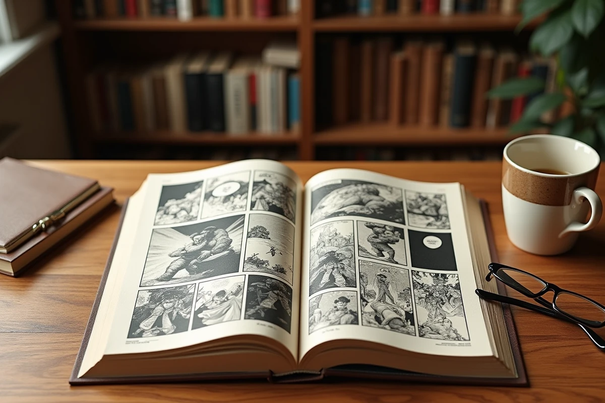 Comparaison côte à côte d'un manga japonais en noir et blanc et d'un manhwa coréen en couleur posés sur une table en bois dans une librairie, illustrant les différences culturelles et visuelles entre les deux formats