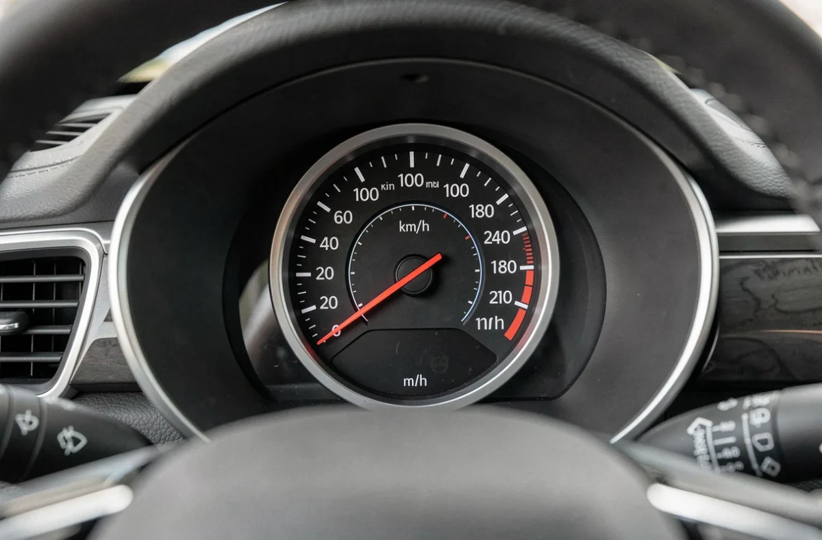 Tableau de bord de voiture affichant un compteur de vitesse avec double échelle km/h et mi/h