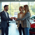 Vitrine de concession avec clients et vendeur souriant