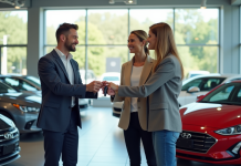 Vitrine de concession avec clients et vendeur souriant