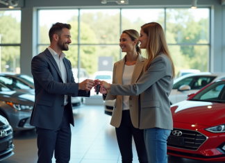 Concession automobile : les services qui font la différence aujourd’hui Vitrine de concession avec clients et vendeur souriant