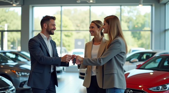 Vitrine de concession avec clients et vendeur souriant