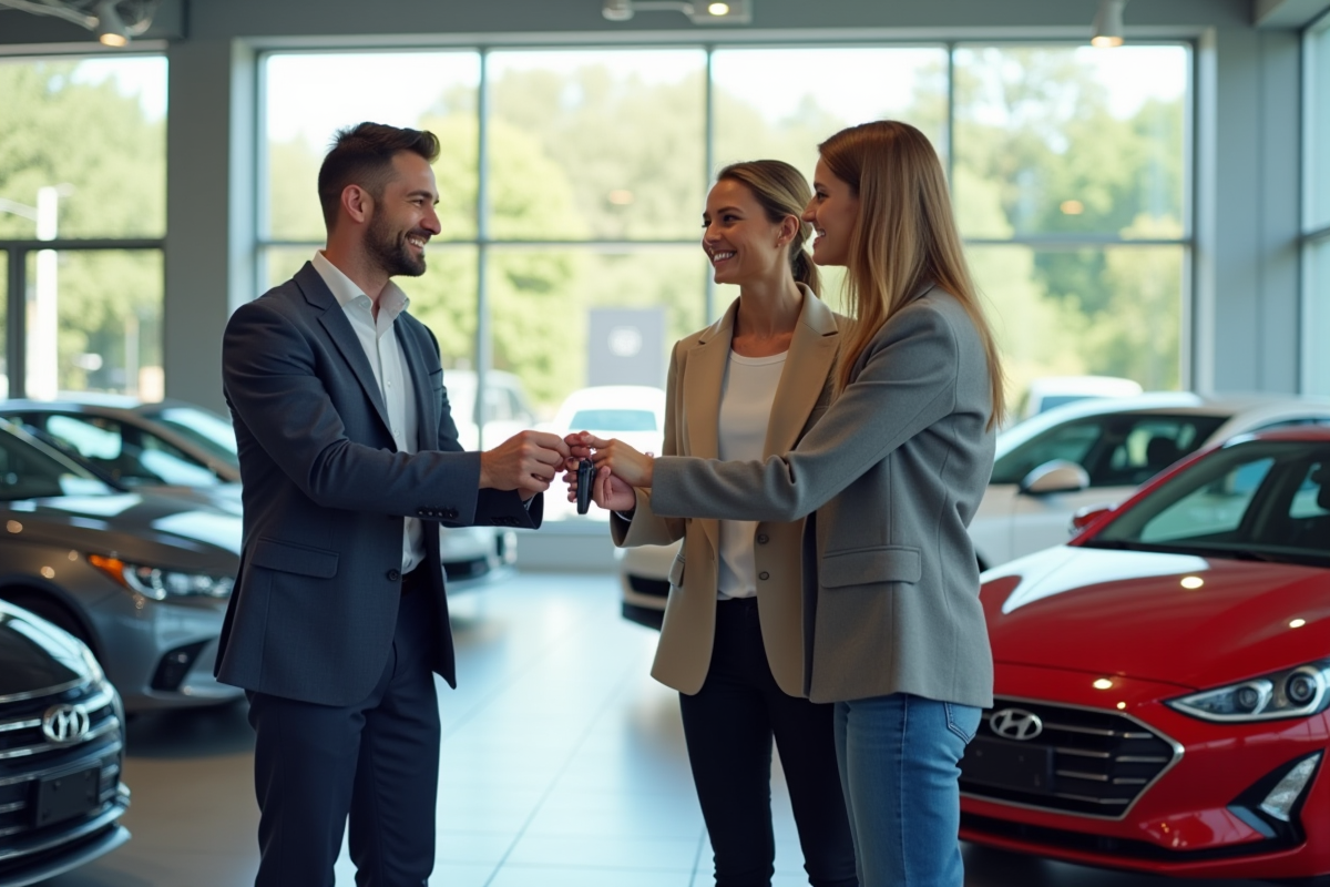 Vitrine de concession avec clients et vendeur souriant