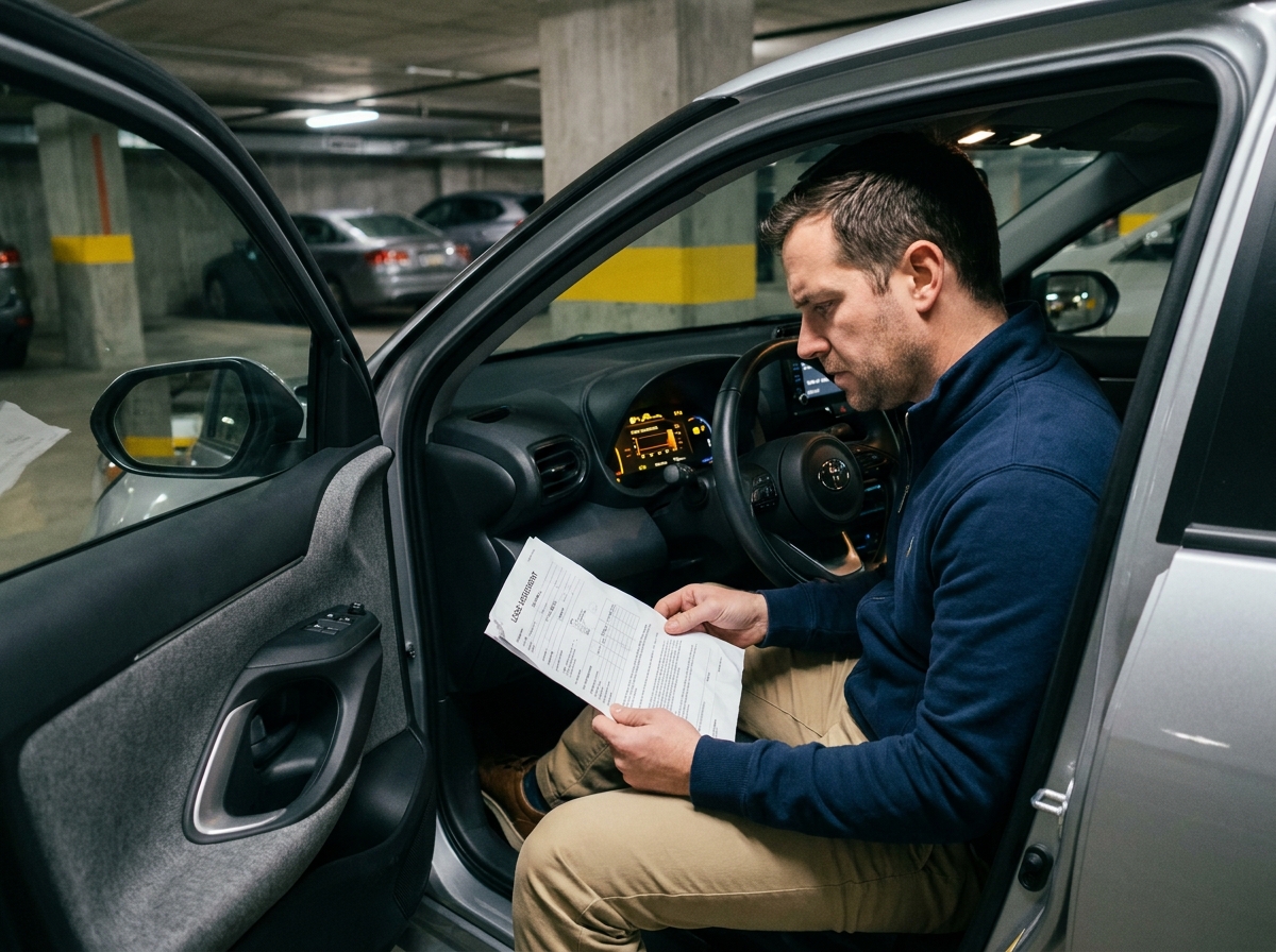 Homme assis dans une voiture hybride consultant un contrat de LOA avec affichage de l'autonomie électrique au tableau de bord