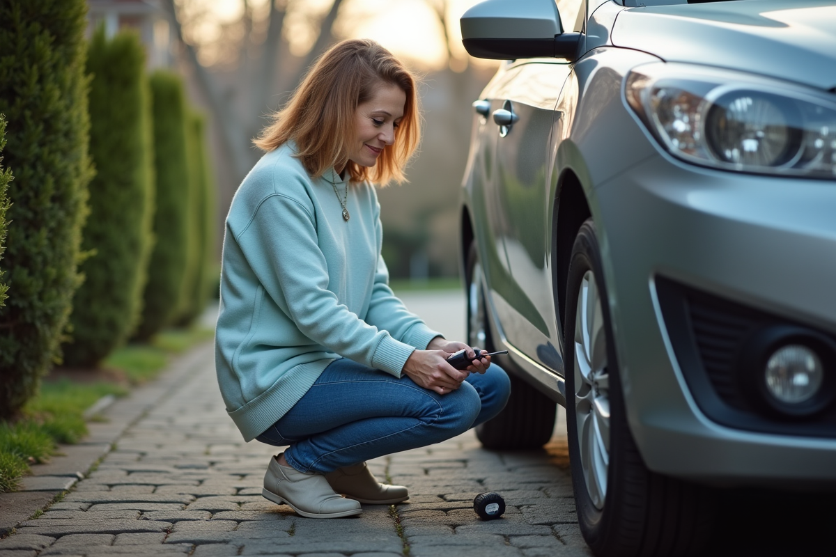 Femme vérifiant la pression des pneus de sa voiture dehors