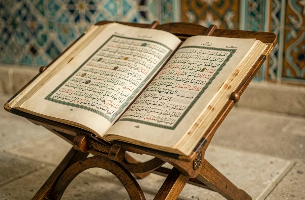 Coran ouvert sur un rehal en bois dans une mosquée montrant les sourates en calligraphie arabe