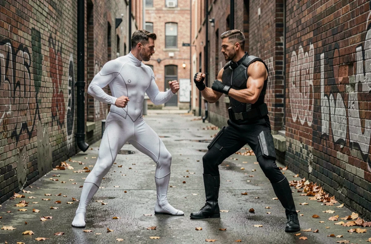 Deux cosplayeurs en costumes de super-héros reproduisant une scène de combat inspirée du chapitre 275 de One Punch Man dans une ruelle urbaine