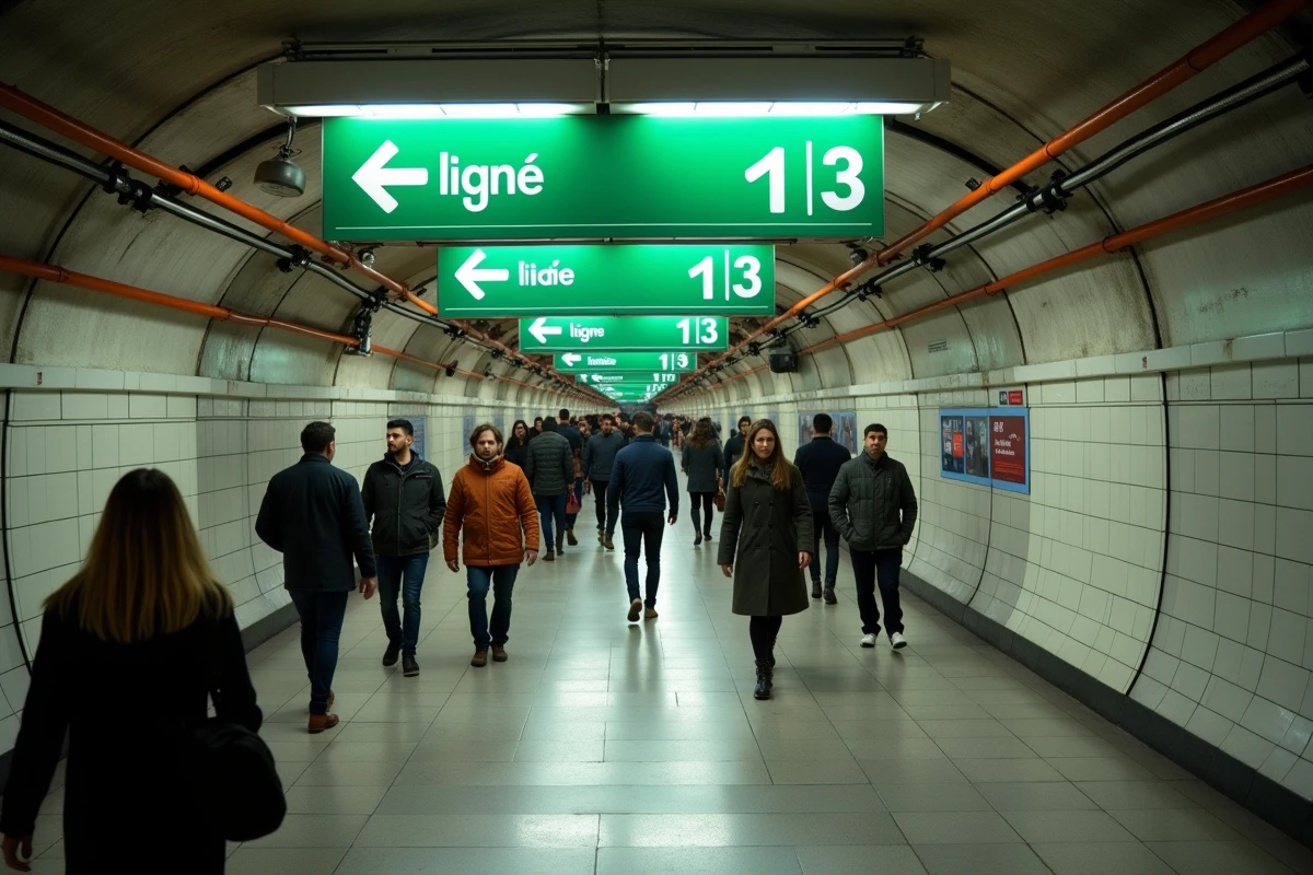 Couloir de correspondance du métro parisien avec panneaux directionnels de la ligne 13 et voyageurs en mouvement