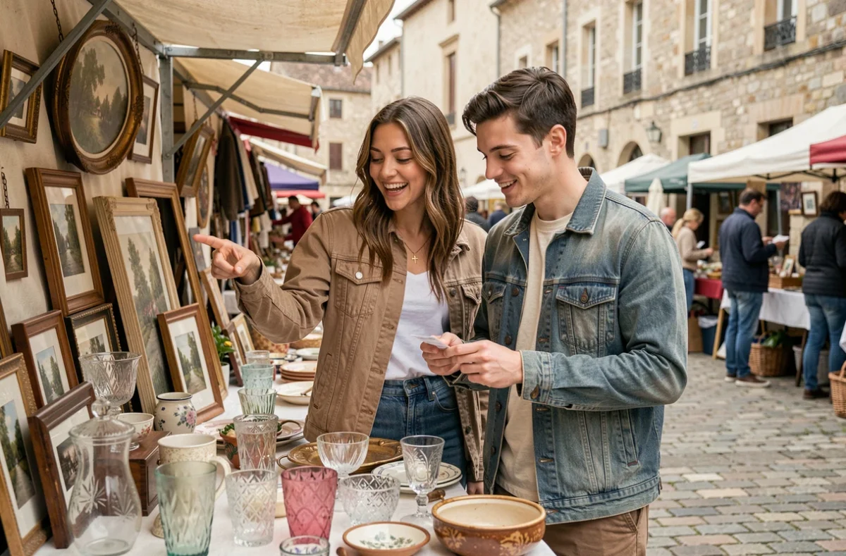 Couple de chineurs découvrant des objets vintage dans un vide grenier du département 78