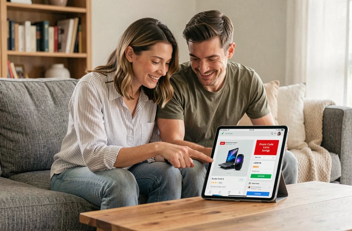 Couple économisant sur leur commande en ligne grâce à un code promo Pixmania sur tablette dans leur salon