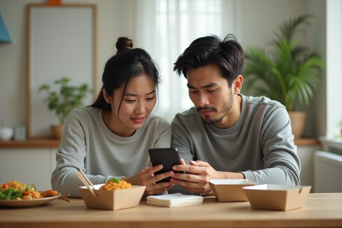 Couple consultant le service client Uber Eats sur smartphone devant une commande en retard refroidie sur la table